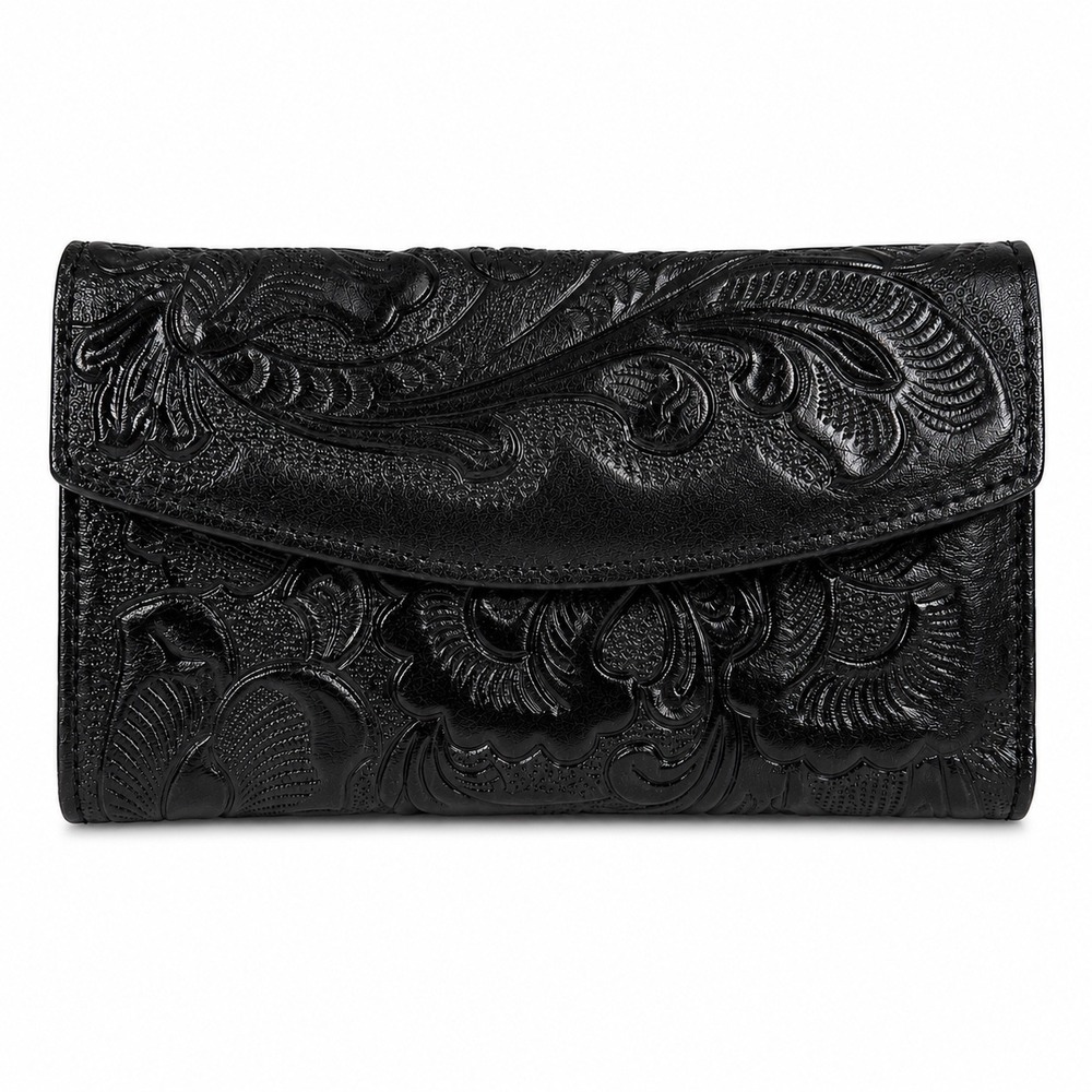 NEW Embossed Floral Tooled Wallet Western Boho Organizer Checkbook Clutch Black